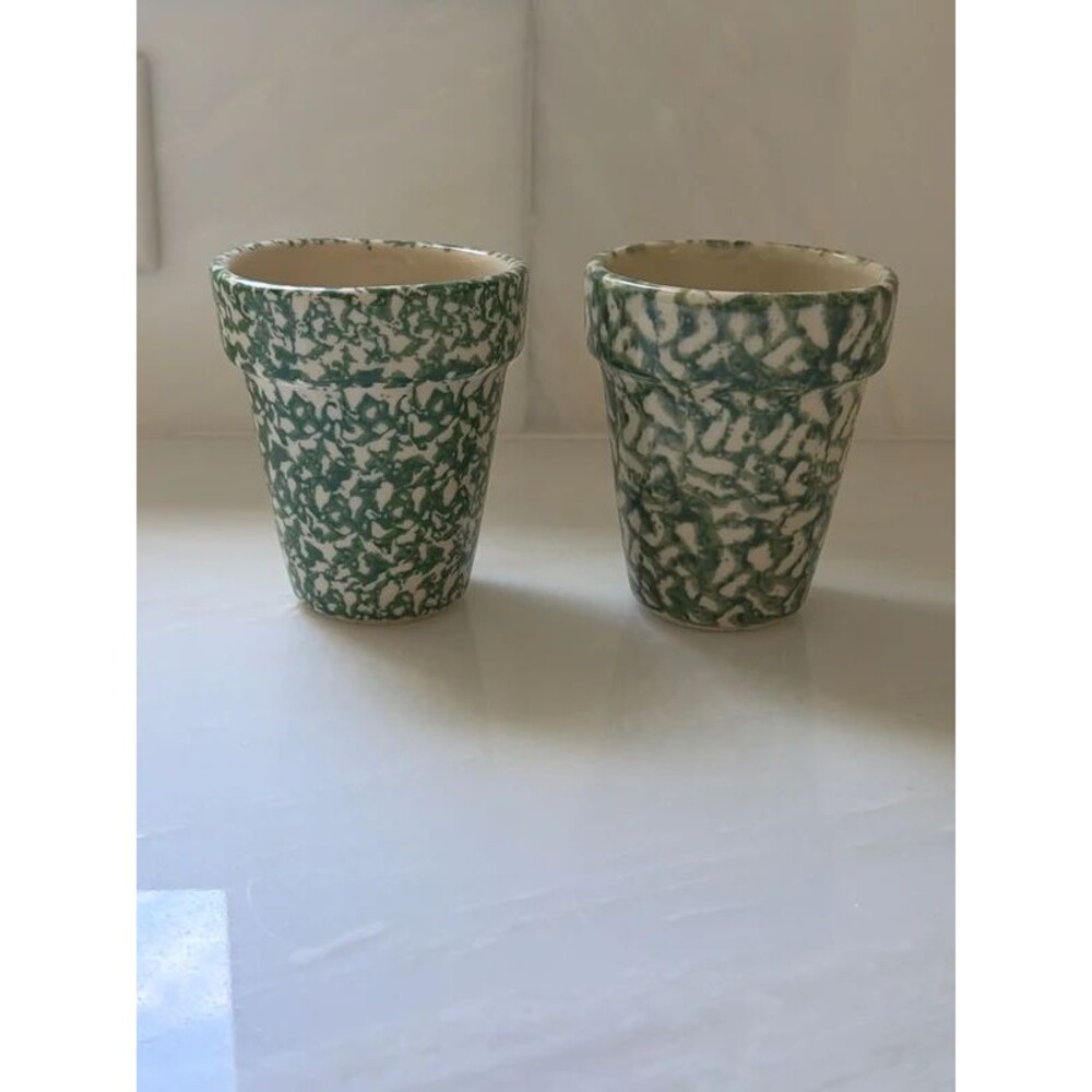 Vintage green sponge ware ceramic pots set USA
